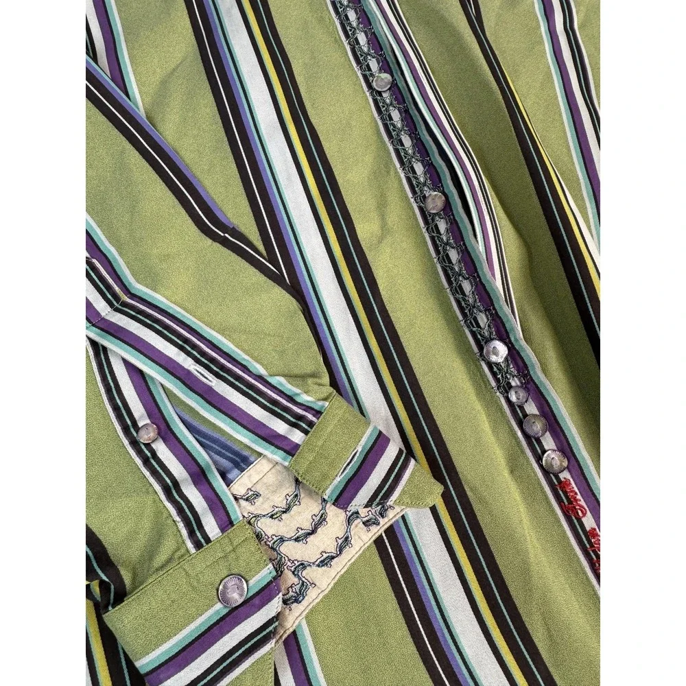 Robert Graham Shirt Mens Medium Green Stripe Long Sleeve Button Front Casual‎